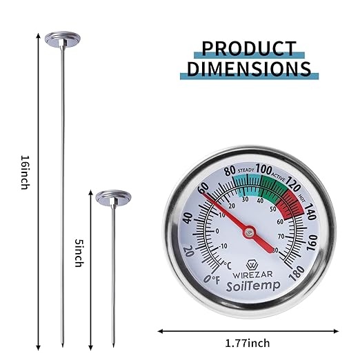 Compost Soil Thermometer Waterproof Soil Temperature Thermometer, 16 Inch Stainless Steel Stem, Ideal for Ground, Backyard Compost, Garden Soil(16'')