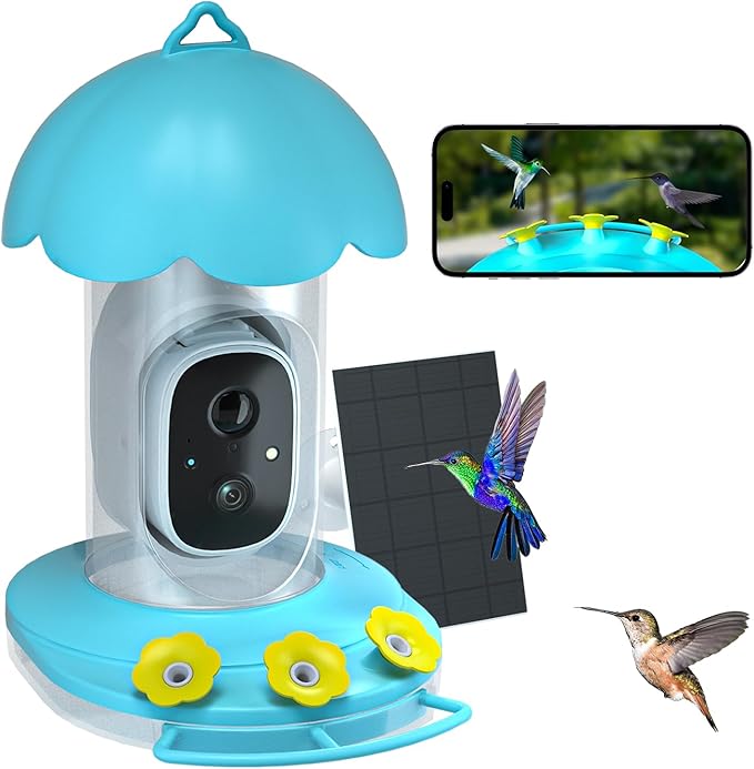Hummingbird Feeder with Camera Solar Powered, Hummingbird Feeders for Outdoors with 2K Bird Watching Camera, AI Identify Bird Species, Instant Notification, Idea Gift for Bi rd Lover, Blue