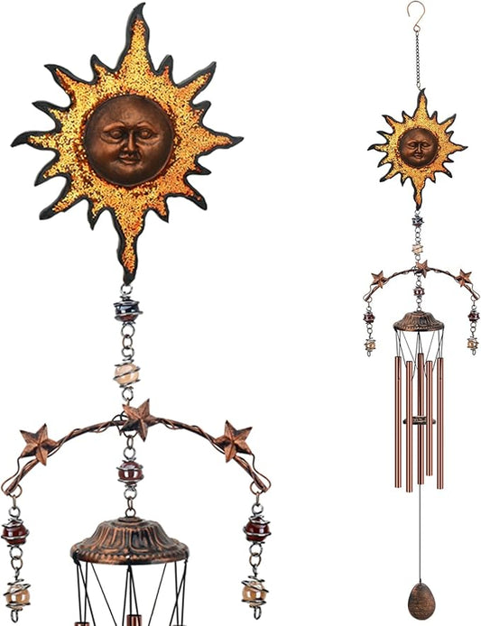 Yellow Sun Wind Chime - Wind Chimes for Outside Deep Tone 34 inches 5 Aluminum Tubes, Birthday, Memorial Gifts for Dad, Grandpa, Son, Decoration for Home, Garden, Patio, Backyard