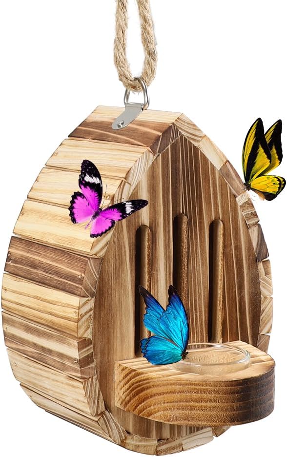 Picowe Butterfly House Wooden Habitat Natural Nesting Box Garden House with Feeder Hanging for Bee Butterfly Ladybirds for Garden Outside, Open Door