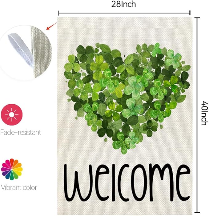 CROWNED BEAUTY St Patricks Day House Flag 28x40 Inch Double Sided Large Burlap for Outside Welcome Green Shamrocks Clovers Heart Holiday Yard Flag CF735-40