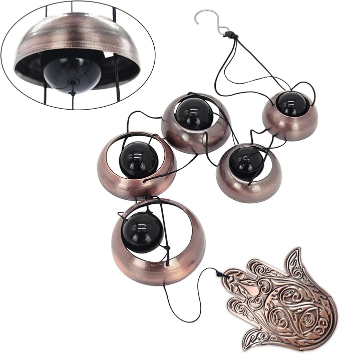 Copper Hand of God Temple Wind Chime – 5-Bell Red Copper Feng Shui Chime with Sacred Hand of God Medallion for Porch, Patio, Garden Décor & Memorial Keepsake