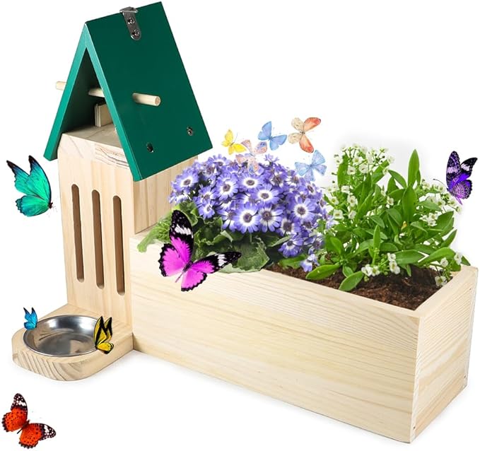 Picowe Butterfly House Wooden Butterfly Habitat Natural Butterfly Nesting Box Garden House with Feeder Hanging (Green, with Plant Holder)