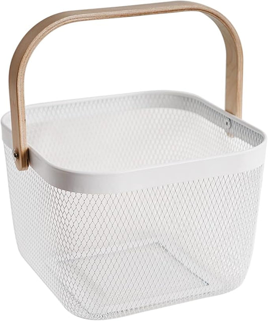 Metal Mesh Steel Harvest Basket, Square Wire Garden Basket with Handle – Multi-Functional Storage Organizer for Gathering Vegetables, Fruits, Kitchen, Garden, Picnic & Cabinet (White)
