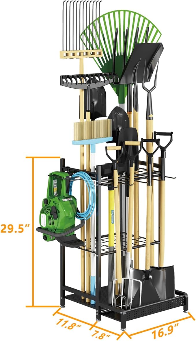 GILLAS Garden Tool Organizer for Garage, Utility Storage Racks with Hooks, Metal Yard Tool Stand Holder Organizer for Long-Handled, Broom, Shovel, Rake, Sturdy Heavy Rack for Outdoor, Yard, Black