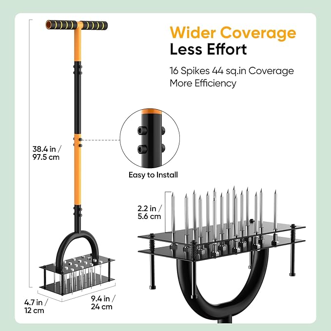 Lawn Aerator Manual Aerator Lawn Tool with 16 Spikes, Metal Grass Aerator for Yard, Lawn Aeration, Automatic Soil Ejection, Pre-Assembled Lawn Aerator Tool (Black Orange)