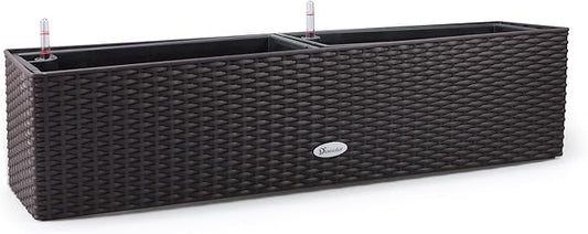 Dexceder 31.5 Inch Rattan Self Watering Planter Indoor Outdoor, Thickened Large Rail Flower Plant Pot Window Box with Water Level Indicators (Brown)