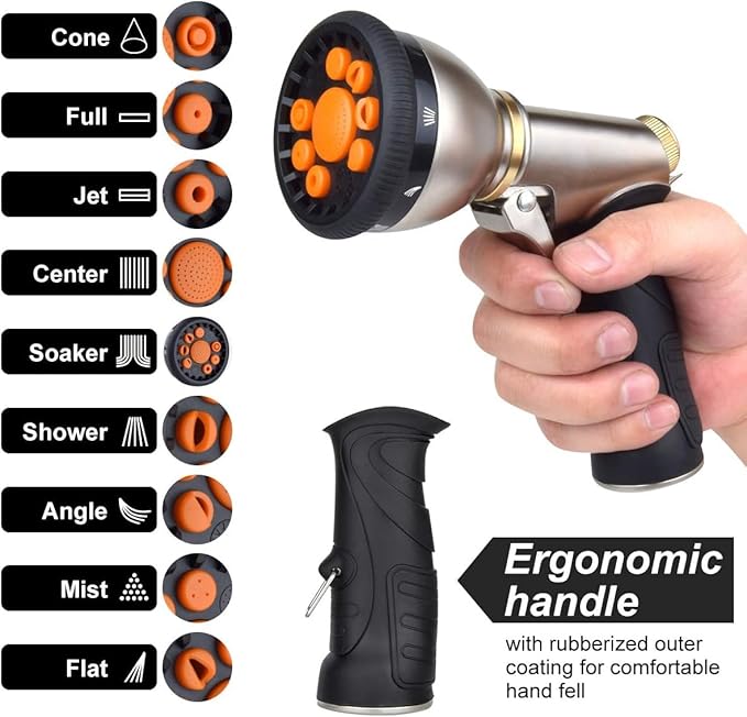 Garden Hose Nozzles 9 Adjustable Patterns Hose Spray Nozzle Heavy Duty Metal Hose Nozzle Spray Slip Resistant Water Sprayer for Cleaning/Watering Lawn Garden/Pets Shower/Car Washing