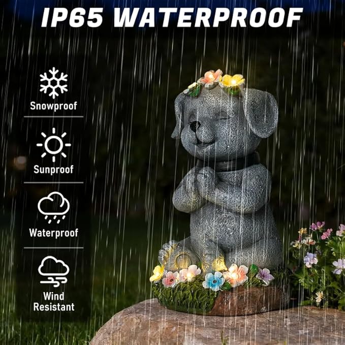 Solar Dog Figurine Garden Decor with LED Lights - Solar Powered Outdoor Statue for Yard, Patio, Lawn - Waterproof Animal Decor