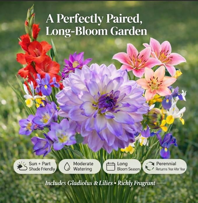 Luxury Front-Yard Colorful Dream Bulb Collection (32 Bulbs) — Dahlias, Gladiolus, Lilies, Dutch Iris & Freesia | Easy to Plant | Pollinator Garden, Deer-Resistant | Spring Planting, Summer Bloom