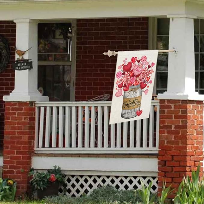 CROWNED BEAUTY Valentines Day House Flag 28x40 Inch Double Sided Large Burlap Holiday Mason Jar Floral Pink Flag for Outside Yard CF1212-40