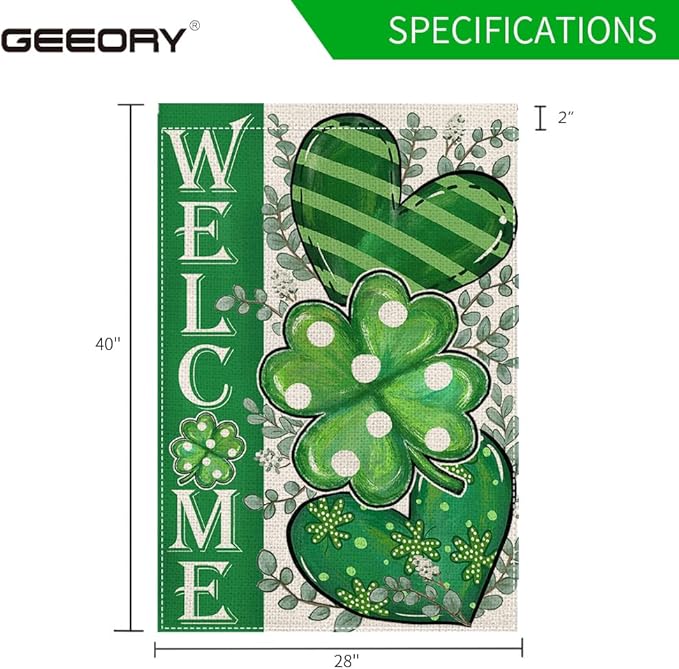 GEEORY St Patricks Day House Flag 28 x 40 Inch, Shamrocks Eucalyptus Hearts Welcome Double Sided Decorative Flag for Outside Yard Lawn Decoration GB009-40
