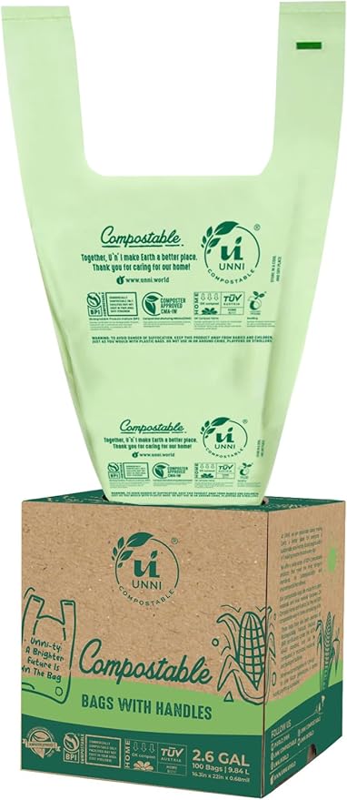 UNNI Compostable T-Shirt Bags with Tie Handles, 2.6 Gallon / 9.84 Liter, 200 Count Value Pack - 2 rolls × 100, 0.68 mil Small Compost Bin Liners, Certified by BPI, CMA & OK compost HOME