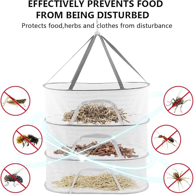 Herb Drying Rack 3 Layer Hanging Mesh Net, 2pcs/Set Herb Dryer Hanging Rack with Herb Stripper, Foldable Hanging Mesh Dryer for Buds, Fruits, Vegetables, Fish, Clothes, Doll(White)