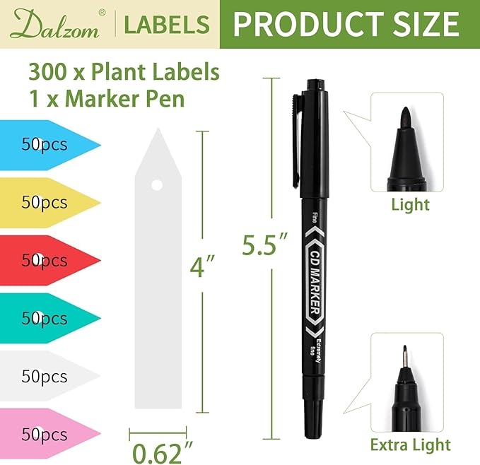 Dalzom® 300Pcs 4" Plant Labels with Marker Pen, Waterproof Plastic Plant Tags for Outdoor Seedlings Vegetable Garden Signs Markers Label Stakes (Multicolor)