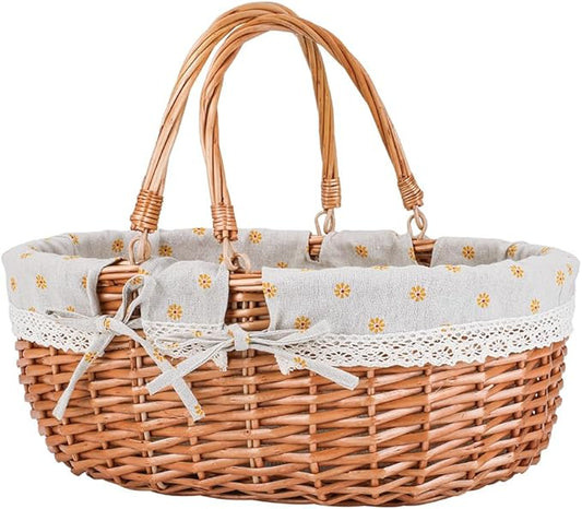 Large Wicker Picnic Basket with Handles,Handle Sturdy Woven Body with Removable and Washable Lining,Outdoor Camping,Gift Packing,Garden Picking, Storage.Yellow Flower
