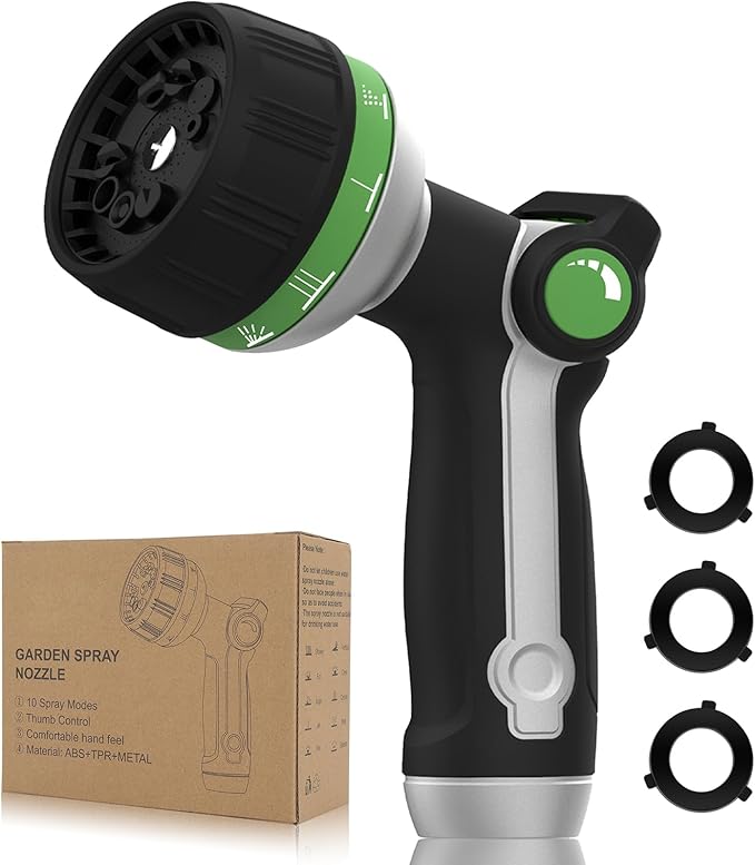 Garden Hose Nozzle Heavy Duty,Metal Water Hose Nozzle with 10 Adjustable Spray Patterns, High Pressure Hose Sprayer Nozzle Thumb Control On Off Valve for Lawn & Plant Watering, Car & Pet Washing