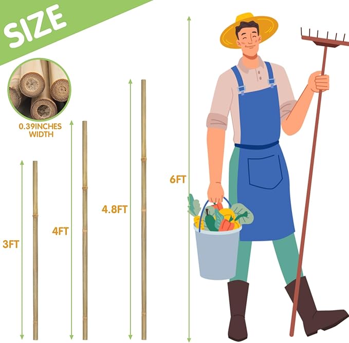 Plant Stakes,4.8FT Longer Sturdy Natural Bamboo Garden Stakes,GAGINANG 20Pcs Bamboo Sticks Trellis Support for Tomato, Vegetables Beans Trees Climbing Plants