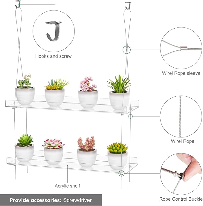 2-Pack Clear Hanging Window Plant Shelves, 2-Tier Indoor Wall Plant Stand Flower Display Organizer Storage for Microgreens,Succulents,Flower,16-Inch