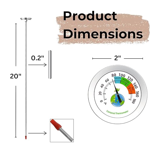 20 Inch Compost Soil Thermometer 0-180° Fahrenheit Backyard Stainless Steel Stem for Composting Bins Outdoor Gardening Planting Easy-to-Read 2.1” Dial Display