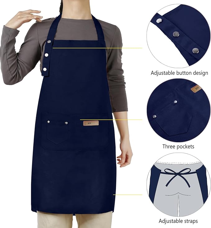 Adjustable Button Apron for Women Men Artist Painting Pottery Garden Cooking Kitchen Chef 3 Pockets Waterproof M-XXL
