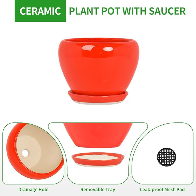 Deep Dream 8 Inch Plant Pots- Ceramic Pots for Plants with Drainage Hole and Saucer, Large Planter Pot for Indoor Plants Outdoor Decor, Red