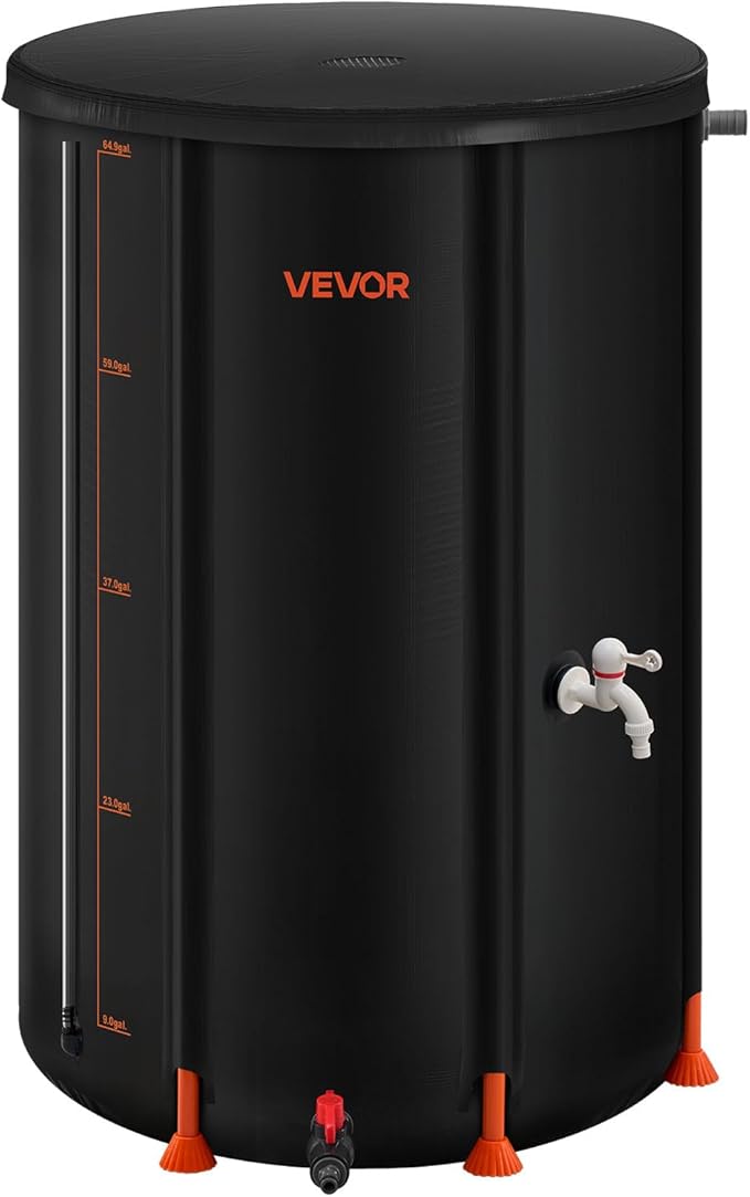 VEVOR Collapsible Rain Barrel, 66 Gallon Portable Rain Water Collection Barrel, 500D PVC Rainwater Collection System, Garden Water Catcher Tank Storage Container with Spigot & Overflow Kit, Black