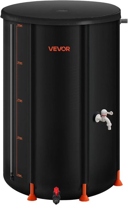 VEVOR Collapsible Rain Barrel, 66 Gallon Portable Rain Water Collection Barrel, 500D PVC Rainwater Collection System, Garden Water Catcher Tank Storage Container with Spigot & Overflow Kit, Black