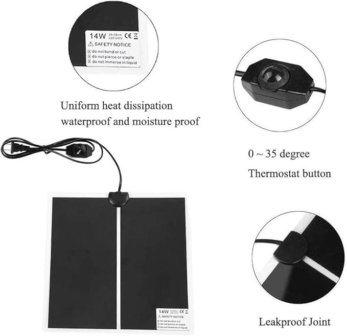 Reptile Heating Pad with Temperature Adjustment, 110V Non-Adhesive Heat Mat for Reptiles Tortoise Snakes Lizard Gecko Hermit Crab Turtle Amphibians - 14W Terrarium Heat Pad