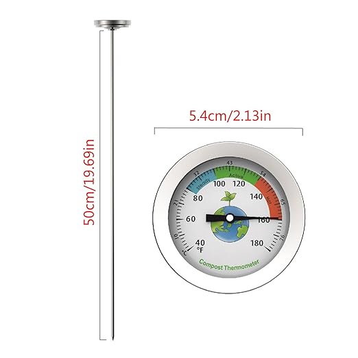 20 Inch Long Stem Soil Compost Thermometer Stainless Steel Temperature Probe 40-180°f Gauge for Backyard Gardening Farming Seeding Transplanting No Battery Needed