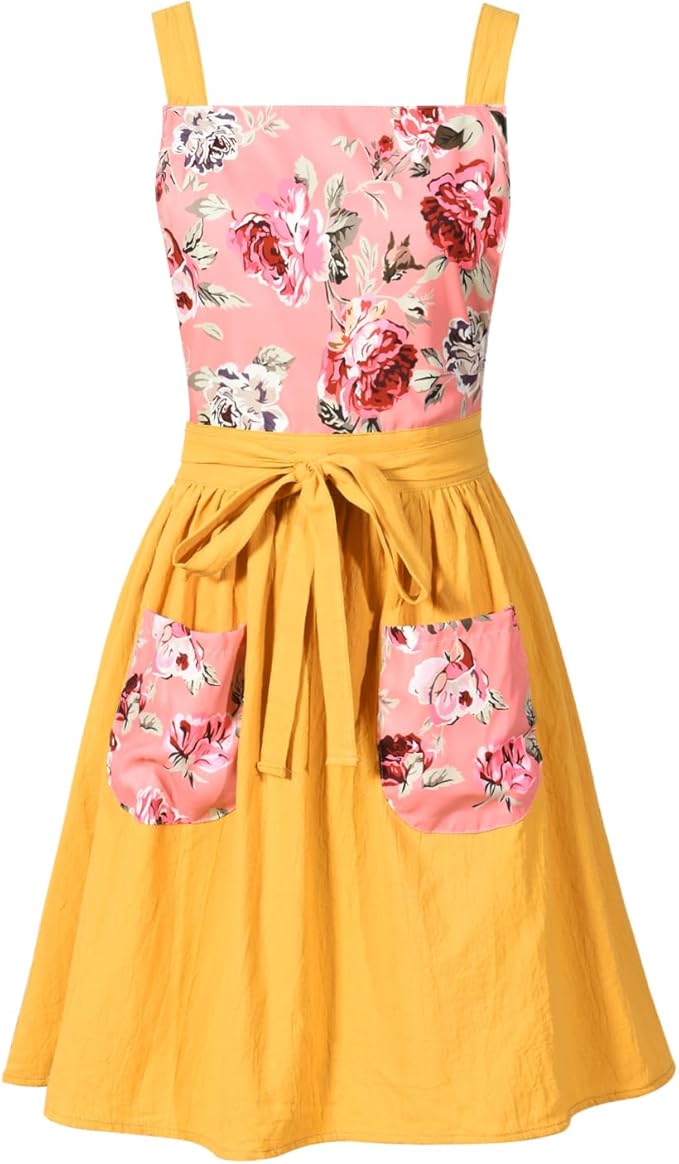 Vintage Pinafore Apron Dress for Women with Pockets Cute Floral Chef Aprons for Kitchen Cooking Baking Gardening