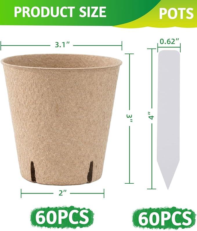 3.15Inch Peat Pots 60Pcs Biodegradable Pots for Seedling, Round Plant Seed Starter Pots with 60Pcs Plant Labels, Garden Germination Nursery Pots for Flower Vegetable Saplings & Herb Seed Germination