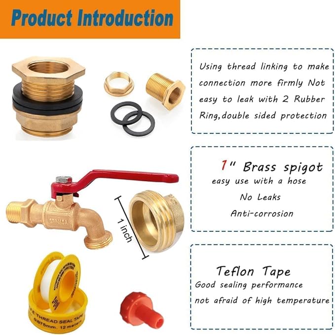 Rain Barrel Spigot, Brass Faucet Kit for Rain Water Barrel, Water Tanks, Tubs, Pools Etc, Turn Ball Valve Rain Barrel Spigot with Bulkhead Fitting Set