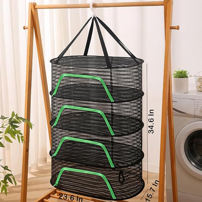 WALLBIG 2-Pack Herb Drying Rack,4 Layers Mesh Drying Rack,Hanging Herb Drying Rack with Zipper,Foldable Mesh Drying Rack with Hook for Herbs,for Outdoor Indoor (Black)