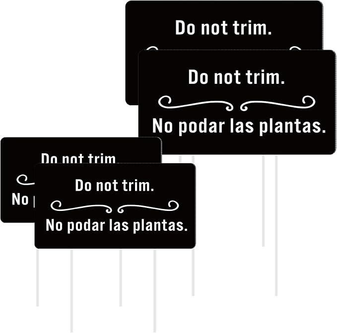 Soaoo 4 Pcs Corrugated Plastic Do Not Trim Yard Signs with Stakes 6.2 x 3.3 Inch 9.2 x 4.9 Inch Plant Signs Bilingual Garden Markers for Outdoor Lawn(Black,Classic)