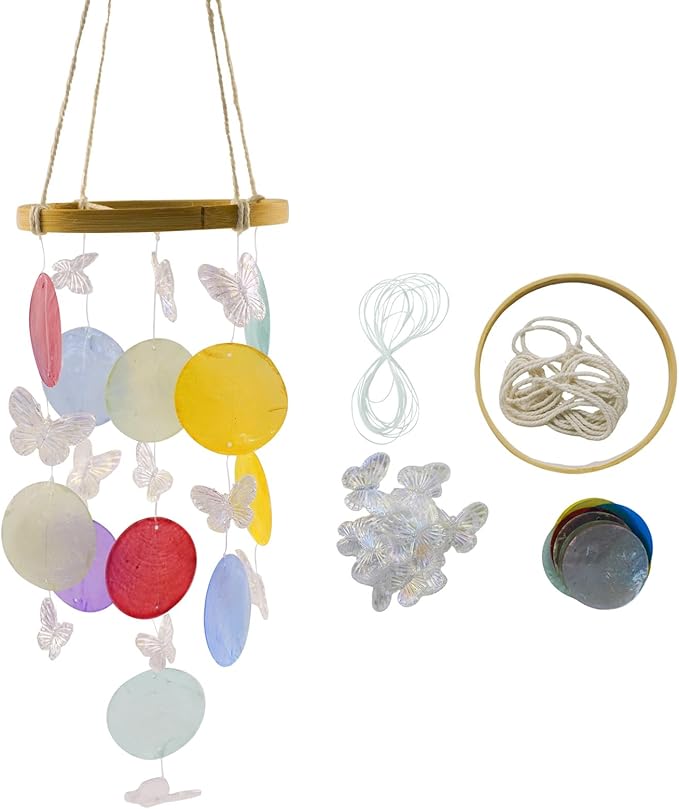 Wind Chimes Making Supplies Kits for Adults Arts and Crafts-DIY Wind Chime Parts with Round Capiz Shells Butterfly Twine String Bamboo Hoops Fishing Line,Gifts for Friends Mom (Colorful)
