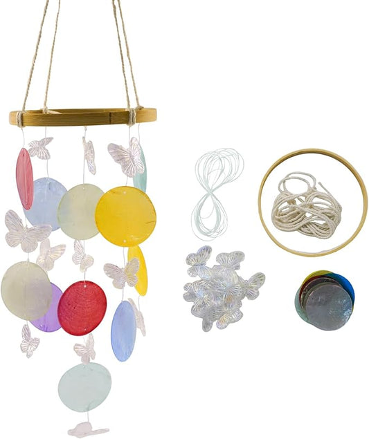 Wind Chimes Making Supplies Kits for Adults Arts and Crafts-DIY Wind Chime Parts with Round Capiz Shells Butterfly Twine String Bamboo Hoops Fishing Line,Gifts for Friends Mom (Colorful)