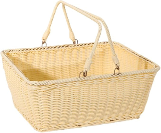MYCENSE Wicker Picnic Storage Basket with Foldable Handle, PP Woven Empty Picnic Baskets, Sturdy Iron Wire Frame, Versatile Harvest Basket for Camping, Beach, Park, Halloween, B 40x30x18cm