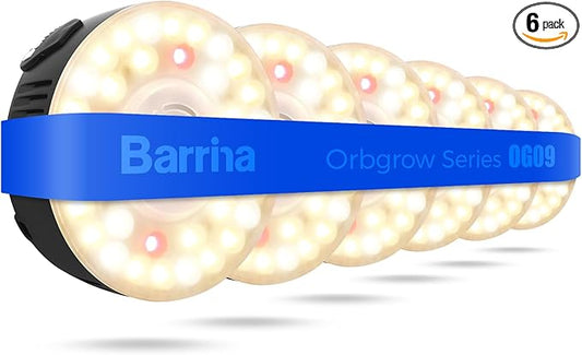 Barrina Orbgrow OG09 Puck LED Grow Light with 660nm Red LEDs, 54W(6 x 9W, 810 Watt Equiv), Plant Lights for Indoor Plants Full Spectrum, Magnetic & Linkable, Small Grow lamp, Seeding, 6 Packs, Black