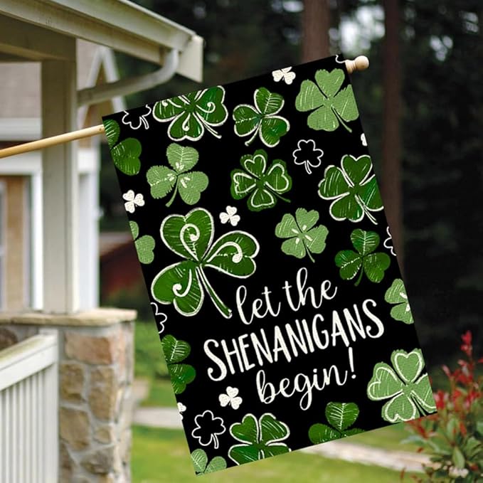 St Patricks Day House Flag 28x40 Inch Double Sided Outside, Let the Shenanigans Begin Shamrock Outdoor Large Garden Yard Flag Green Lucky Clover Holiday Decoration
