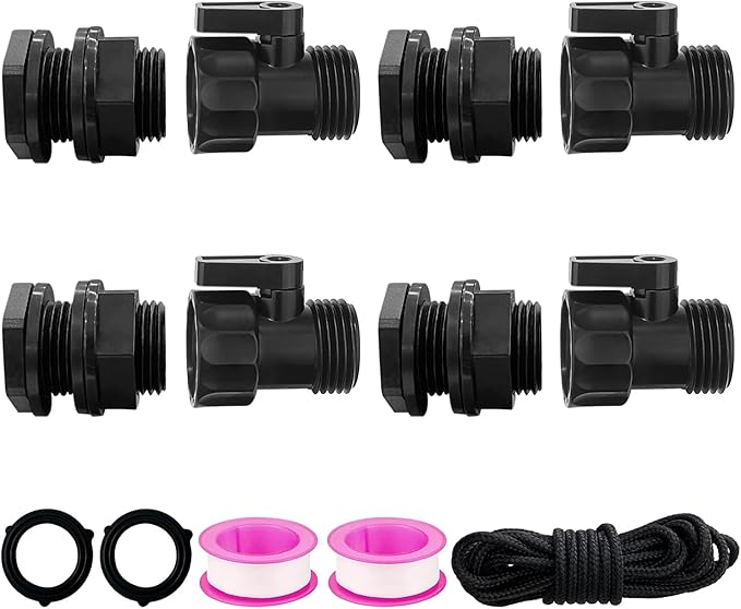 4 Pack Rain Barrel Spigot kit 3/4'' Plastic Garden Hose Shut Off Valve Kit With 3/4 GHT Bulkhead Fitting for Rain Barrels Aquariums Water Tanks Tubs Pools Spigot