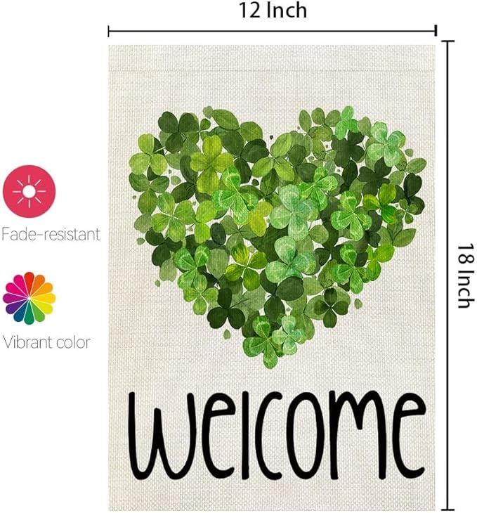 CROWNED BEAUTY St Patricks Day Garden Flag Shamrocks Heart 12x18 Inch Double Sided for Outside Green Small Burlap Welcome Holiday Yard Decoration
