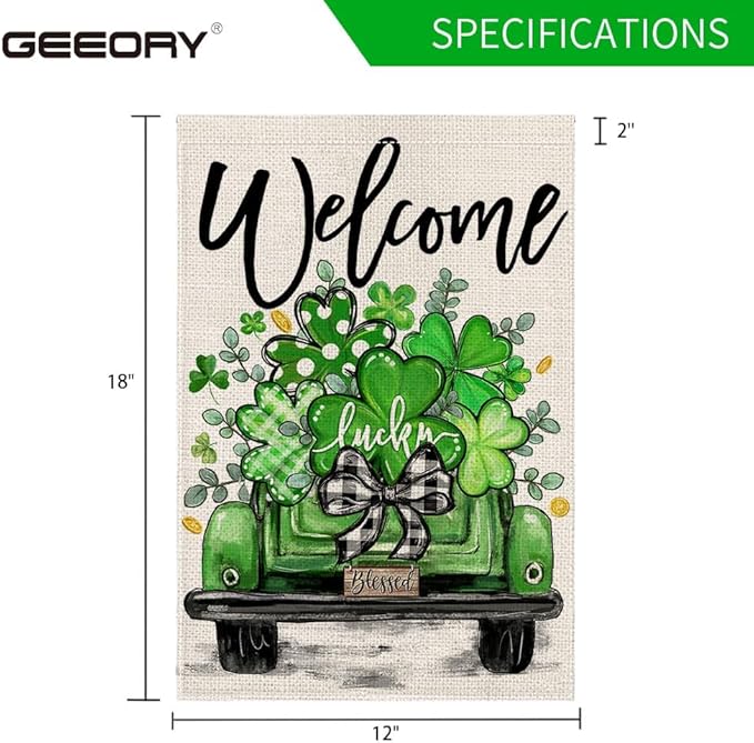 GEEORY St Patricks Day Shamrocks Truck Garden Flag 12 x 18 Inch, Green Lucky Clovers Double Sided Decorative Flag For Outside Yard Lawn Outdoor Decoration GB090-12