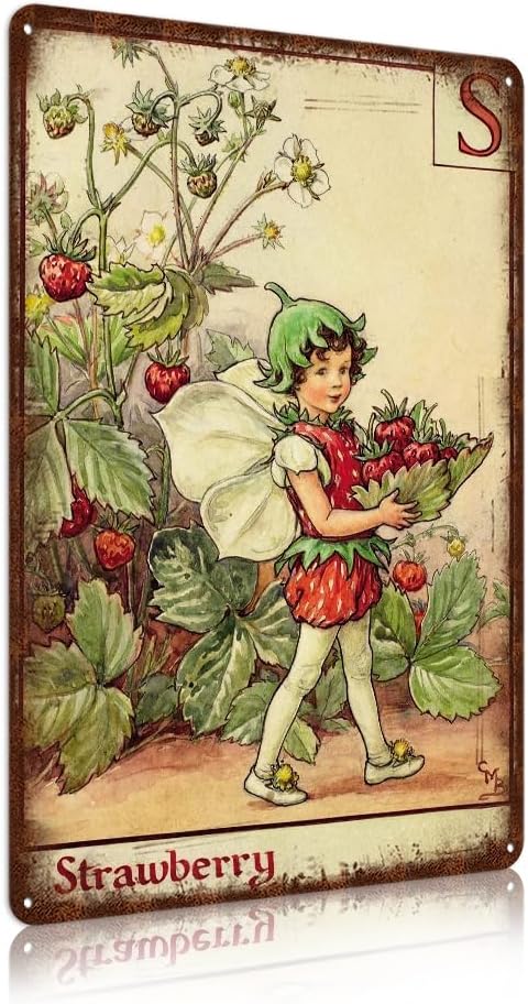 Flower Fairy Wall Decor Vintage Metal Tin Signs Fairy Garden Accessories - Strawberry