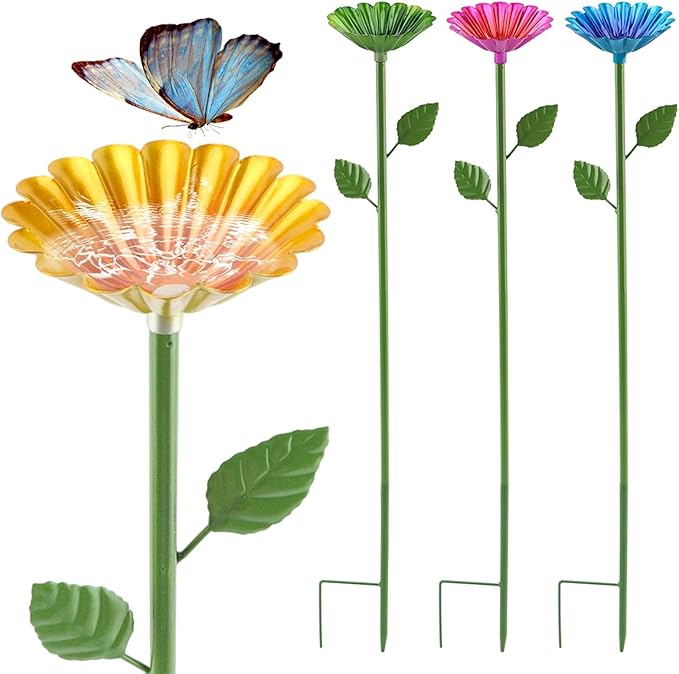 4 Pcs Metal Bee Watering Station, Flower Design Bee Feeder & Butterfly Bath Bowl, Colorful Outdoor Garden Decor for Yard, Patio, Lawn
