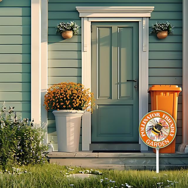 Kurmntregon Pollinators Friendly Yard Sign Bees Pollinator Welcome Garden Sign With Stake Round 9.2inch Lawn Signs,Rustproof Farm Party Porch Outdoor Aluminium Decorations