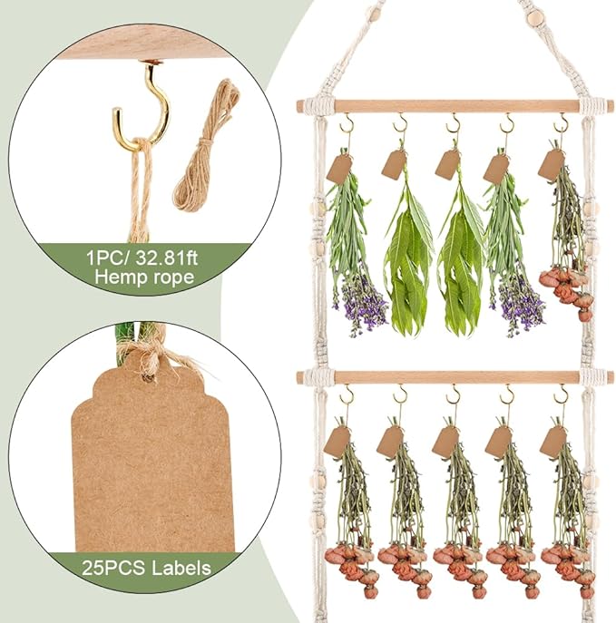 3-Tier Hanging Herb Drying Rack, Includes 25 Gift Tags & 32ft Natural Jute Twine, Handwoven Hanging Herb Dryer Rack Plant Hanger for Drying Herbs, Flowers, Sage(COLOR:Beige)