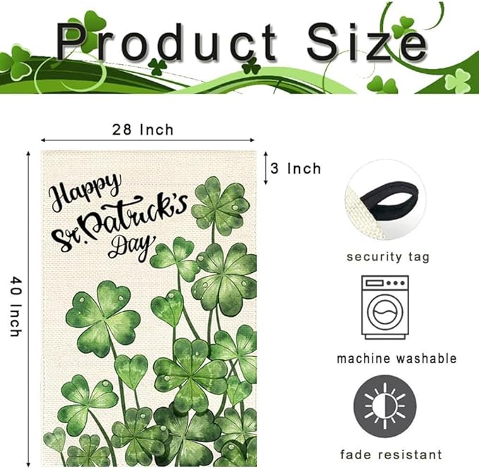 Happy St Patricks Day House Flag 28x40 Inch Double Sided Outside, Blossom Shamrock Outdoor Large Garden Yard Flag Green Lucky Clover Holiday Decoration