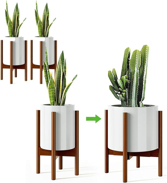 MUDEELA Plant Stand for Indoor Plants: Adjustable Width Fits 8-12 Inch Pots - Mid-century Modern Bamboo Plant Stand - 14.5 Inch Single Tier Small Floor Plant Holder, Dark Brown, 2 Pack (Without Pot)