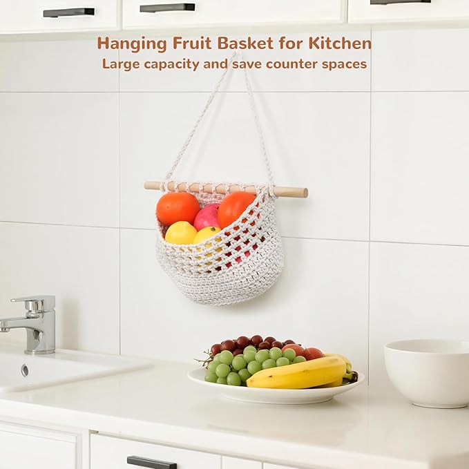 Hanging Baskets for Organizing, 18x11 Inch Wall Hanging Fruit Basket Over the Door Organizer for Fruit Vegetable Plant, Beige Boho Cotton Crocheted Fruit Holder for Kitchen Bathroom Bedroom